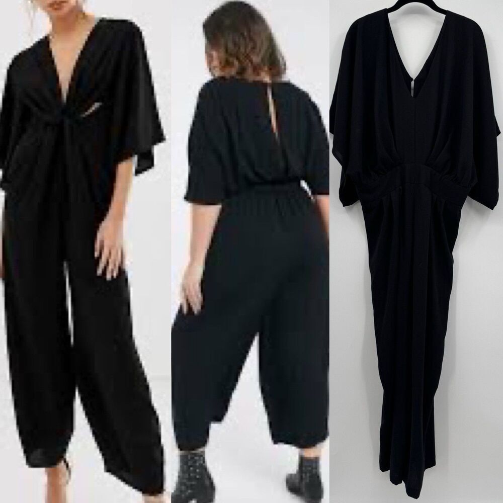 ASOS Womens 14 Black Kimono Sleeve Jumpsuit V Neck Minimalist Evening Party Chic